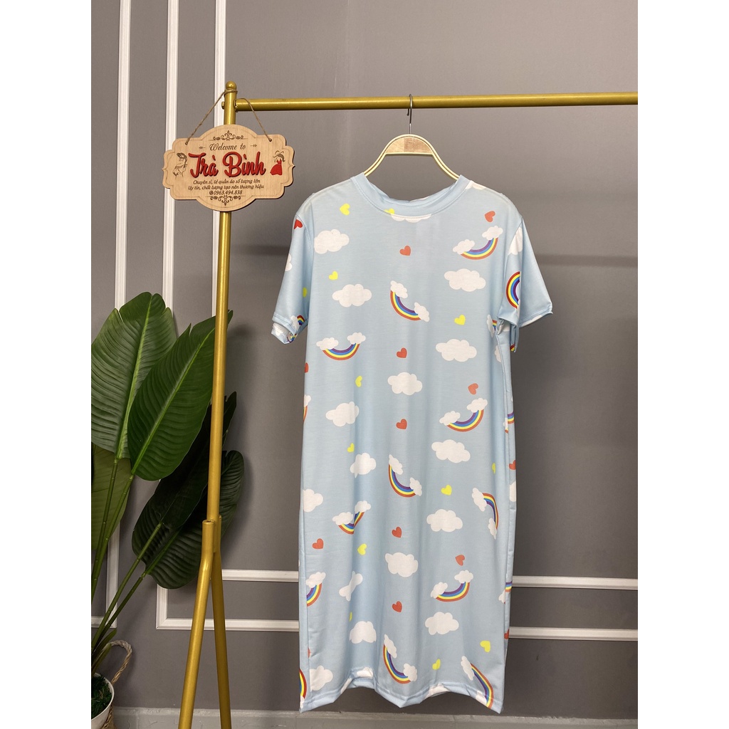Váy ngủ cộc tay dáng suông đầm ngủ cotton thoáng mát họa tiết dễ thương