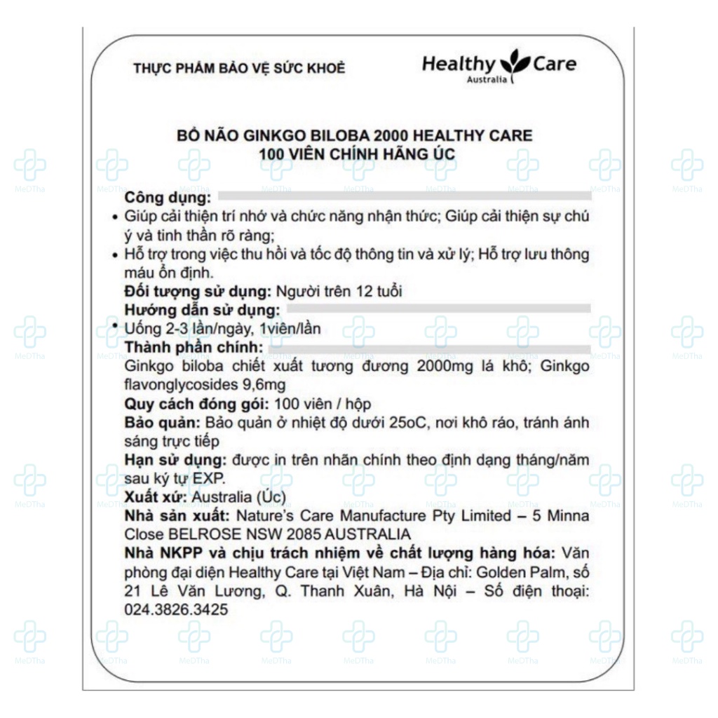 Bổ Não Ginkgo Healthy Care - Ginkgo Biloba, Viên Uống Bổ Não, Hoạt Huyết Dưỡng Não
