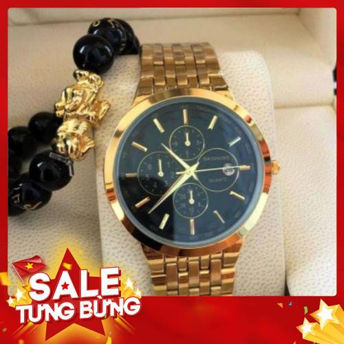 Đồng hồ nam Baishuns BS9886 khung thép mặt đen dây xích mạ vàng cao cấp. - Siêu HOT