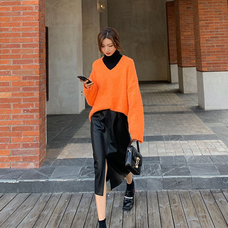 Chân Váy Da PU Lưng Cao Xẻ Tà Thời Trang Thu Đông 2022 Dành Cho Nữ