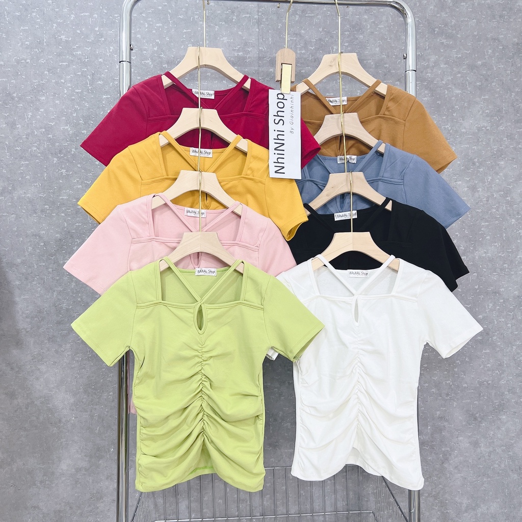 Áo thun kiểu dáng ôm rúm eo cổ vuông, Áo kiểu rúm thân cổ dây chéo CS6066 - NhiNhi Shop