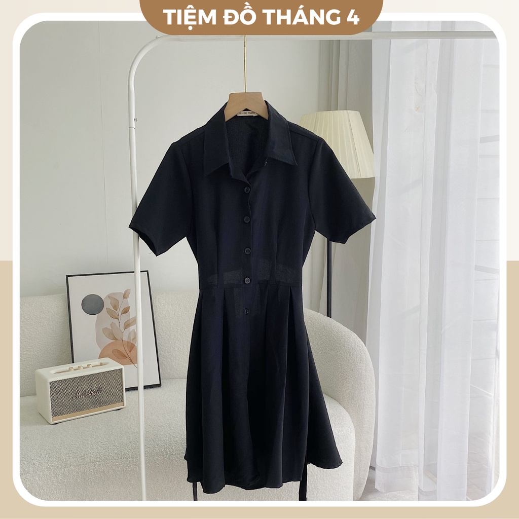 Đầm Nữ Sơ Mi Đen Vải Lụa Mịn Cột Nơ Lưng Dáng Xòe TIỆM ĐỒ THÁNG 4 DIVA DRESS