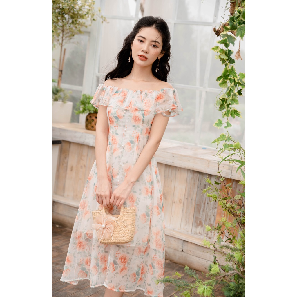 Váy đầm hoa nữ ngắn tay dáng dài trễ vai màu cam có lớp lót lụa mềm đính cúc giữa YAME - ẢNH THẬT
