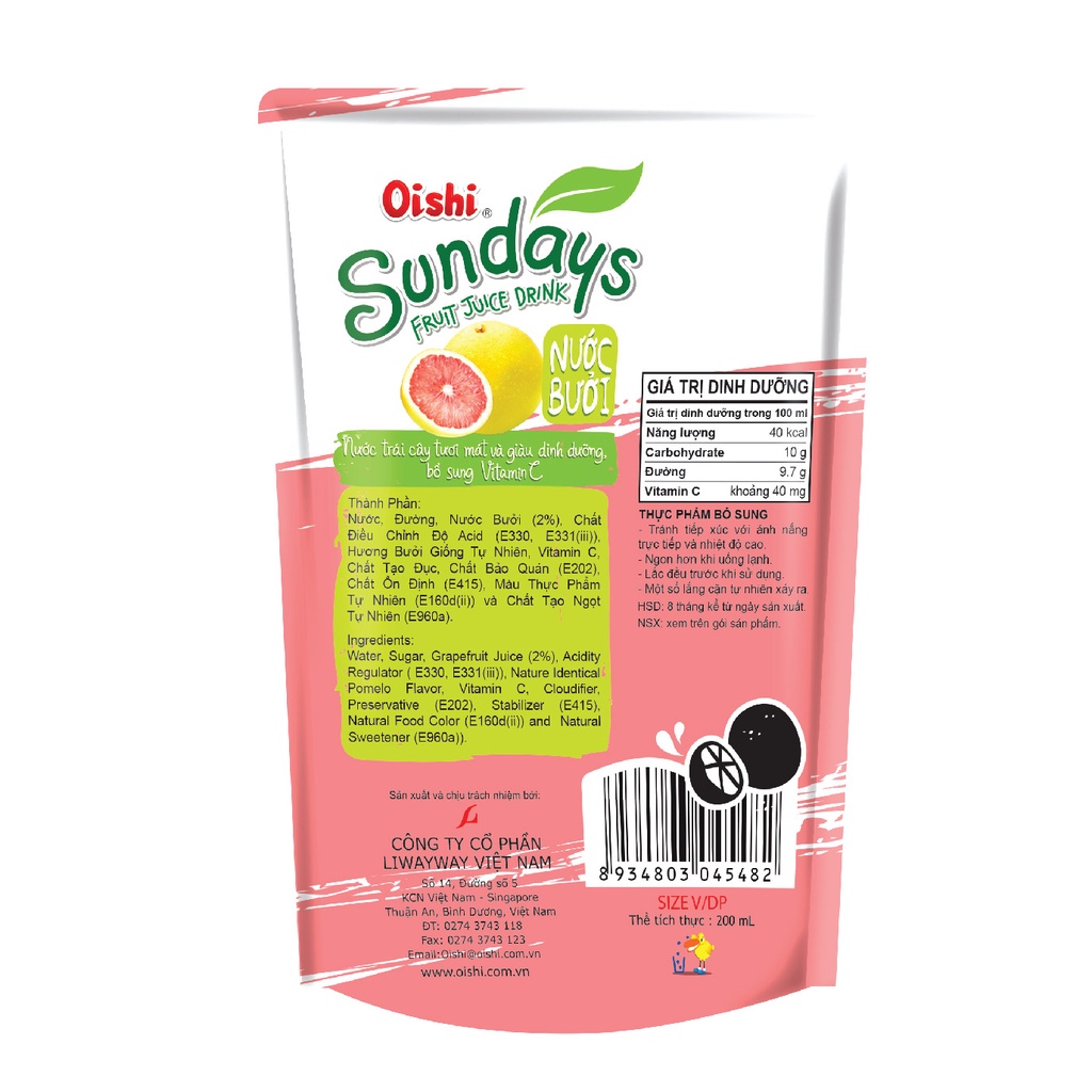 Combo 10 túi Oishi Nước Bưởi Sundays (180ml/túi)