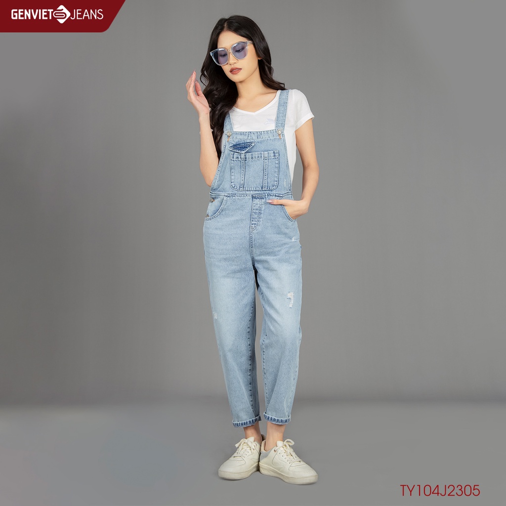 Yếm Jeans Nữ Genviet Jeans Dáng Dài Baggy Rách Xước Nhẹ Chất Bò Mềm Mát Cao Cấp TY104J2305