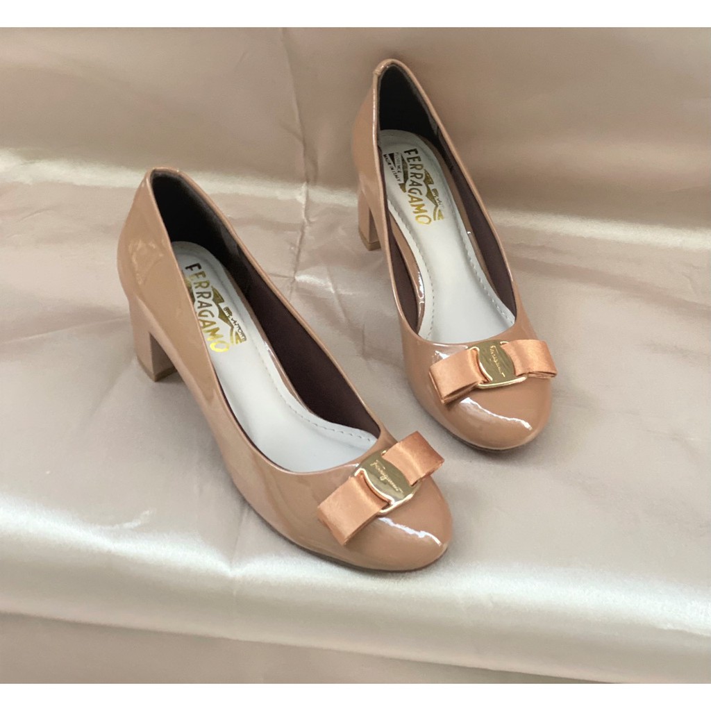 CG029 -Giày cao gót mũi tròn da bóng SVT gót vuông 5p nơ ngang