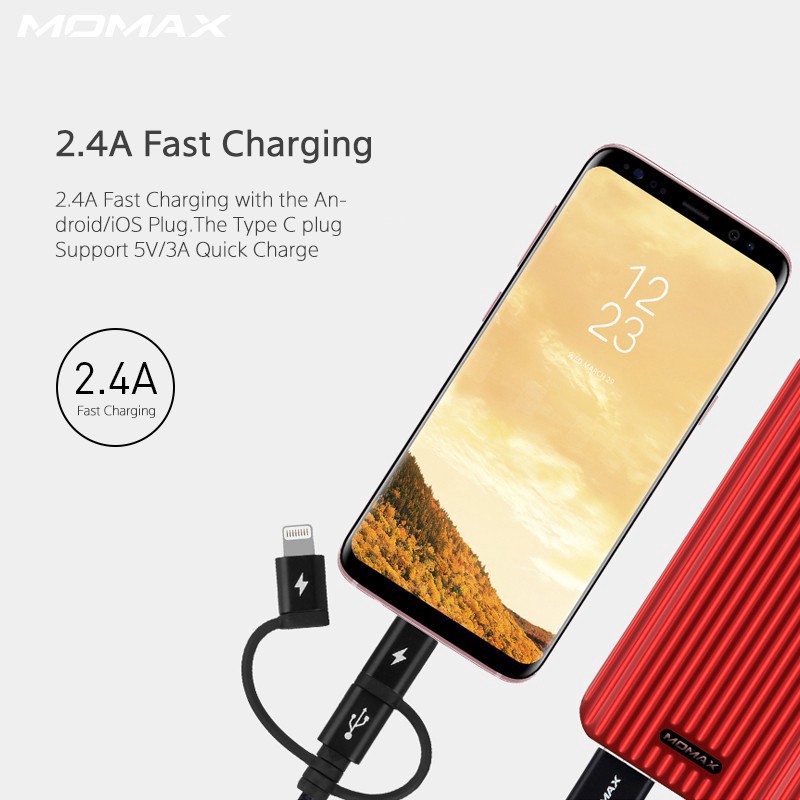 Momax 3 in 1 USB A to Type C Data Lightning USB MFi Cables for iPhone Samsung