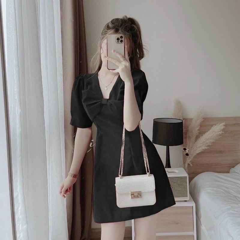 Đầm dáng A dự tiệc tôn dáng, cổ V đính nơ