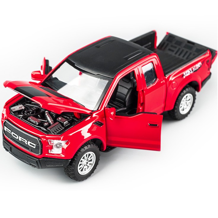 Xe mô hình ô tô Ford raptor F150 tỉ lệ 1:32 - Xe đồ chơi trẻ em bằng kim loại chạy cót có đèn và âm thanh mở được cửa