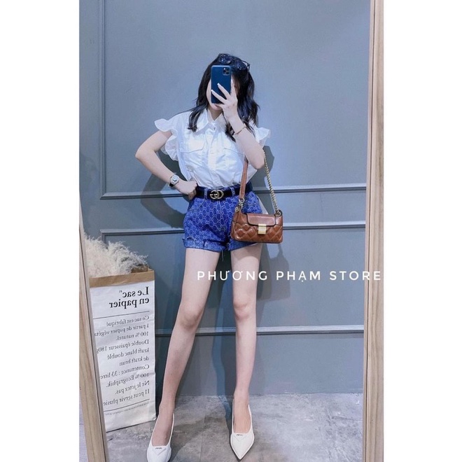 Set áo sơ mi cánh tiên mix quần short kèm đai