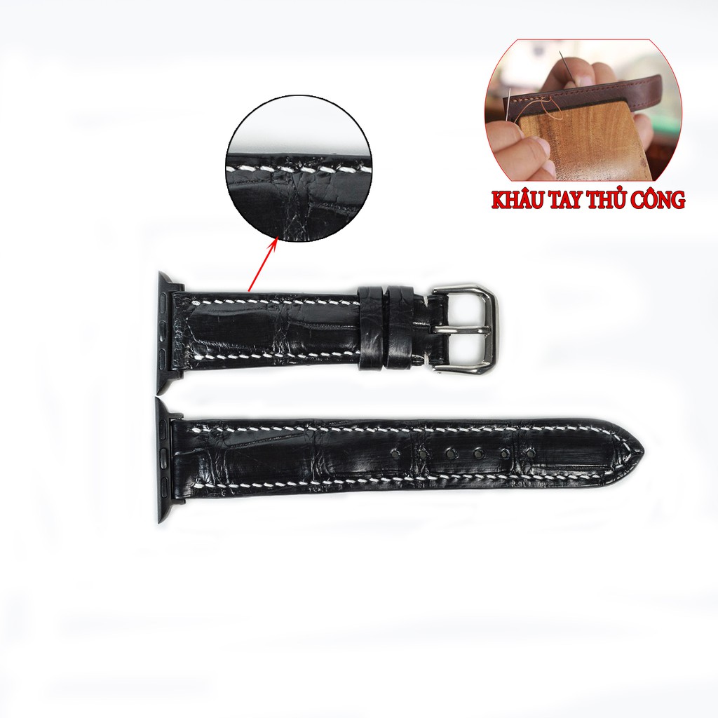 Dây đeo apple watch da cá sấu đốt tre-khâu tay thủ công D108- dây apple watch series 3 series 4 series 5-Bụi leather