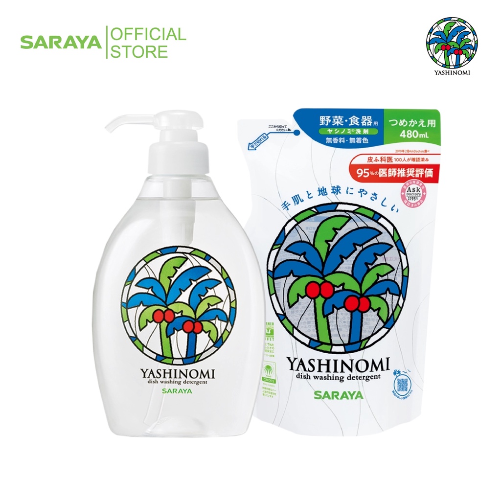 Combo nước rửa rau củ quả/chén bát Yashinomi chai 500ml và túi 480ml