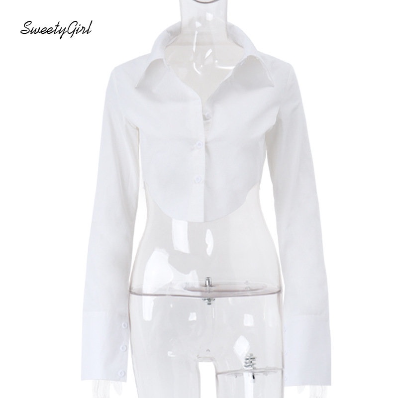 Áo Croptop Tay Dài Cổ Bẻ Màu Trắng Trơn Cài Nút Thời Trang 2022 Quyến Rũ Cho Nữ