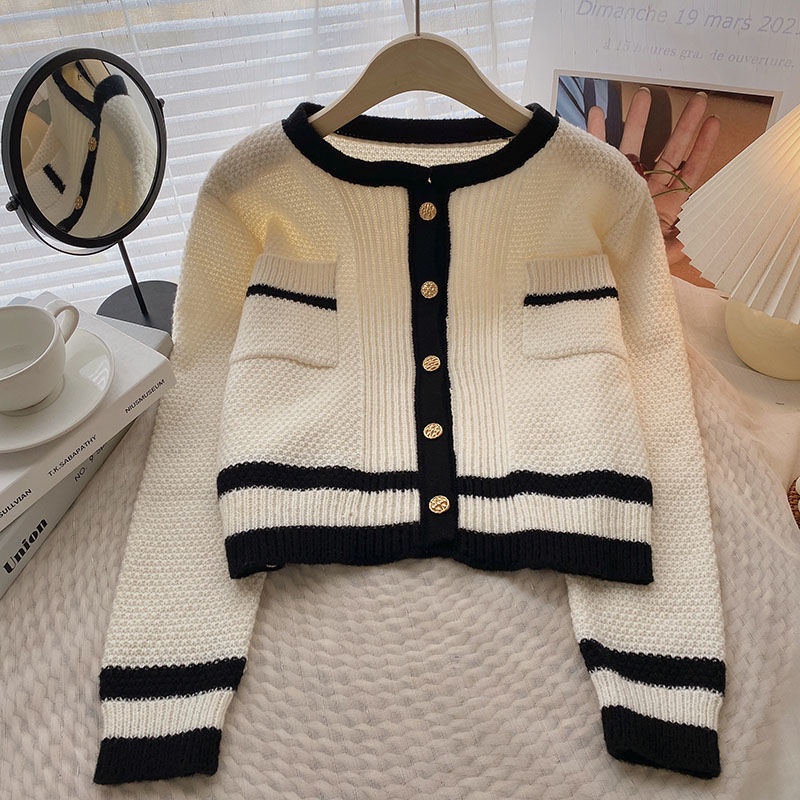 Xiaoxiangfeng Áo Khoác cardigan Dệt Kim Cổ Tròn Màu Sắc Tương Phản Nhẹ Nhàng Phong Cách Mùa Thu Cho Nữ