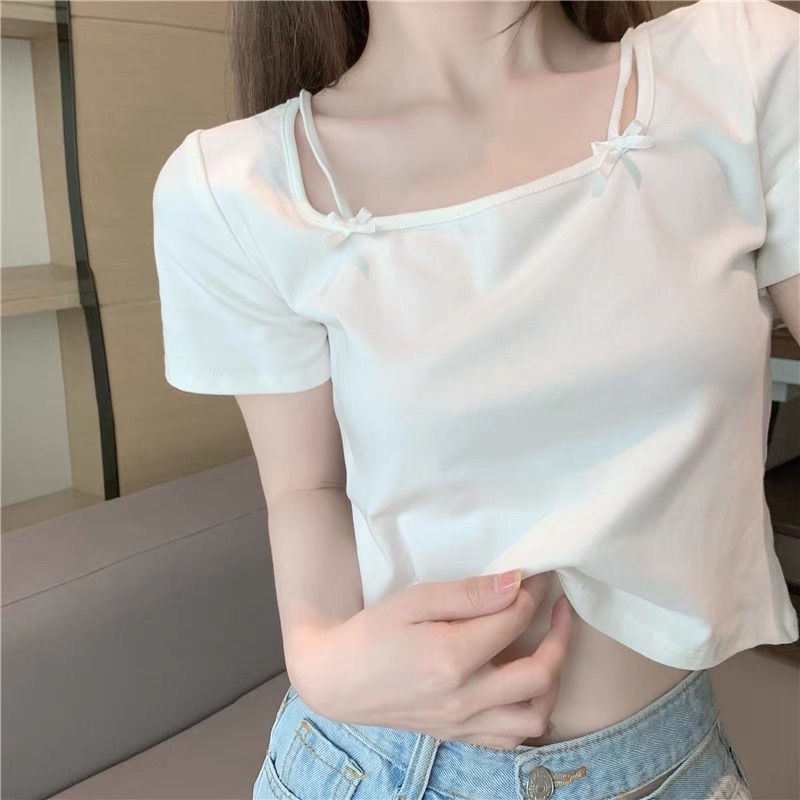 Jiashucheng Áo Thun Ngắn Tay Cổ Vuông Eo Cao Thời Trang Mùa Hè Màu Hồng Ngọt Ngào Cho Nữ