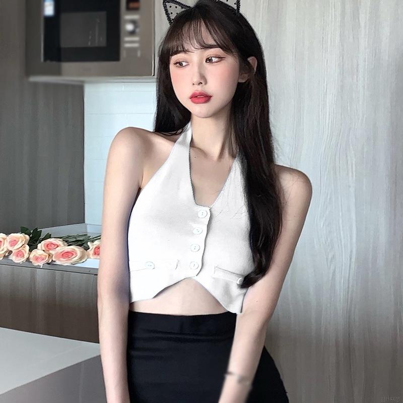 Áo Croptop Dệt Kim Màu Trơn Phong Cách Hàn Quốc Gợi Cảm Cho Nữ
