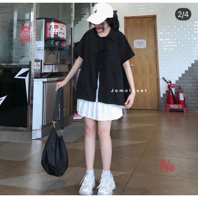 SUA008 Áo sơ mi buộc dây babydoll cute trắng đen cộc tay Áo cổ sen thắt nơ dáng rộng dễ thương đi học đi chơi hè thu đẹp