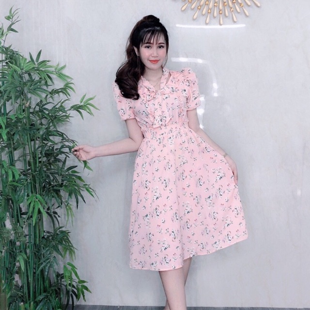ẢNH CHỤP THẬT - Đầm xoè lụa hoa tiểu thư nơ cổ -MS12B- Free size đến 56kg