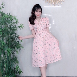 ẢNH CHỤP THẬT - Đầm xoè lụa hoa tiểu thư nơ cổ -MS12B- Free size đến 56kg