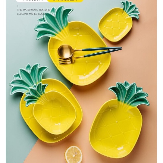 Bộ Bát Đĩa Gốm Sứ Hình Quả Dứa Vàng, Bát Hình Dứa Decor Siêu Xinh Chịu Nhiệt Cao