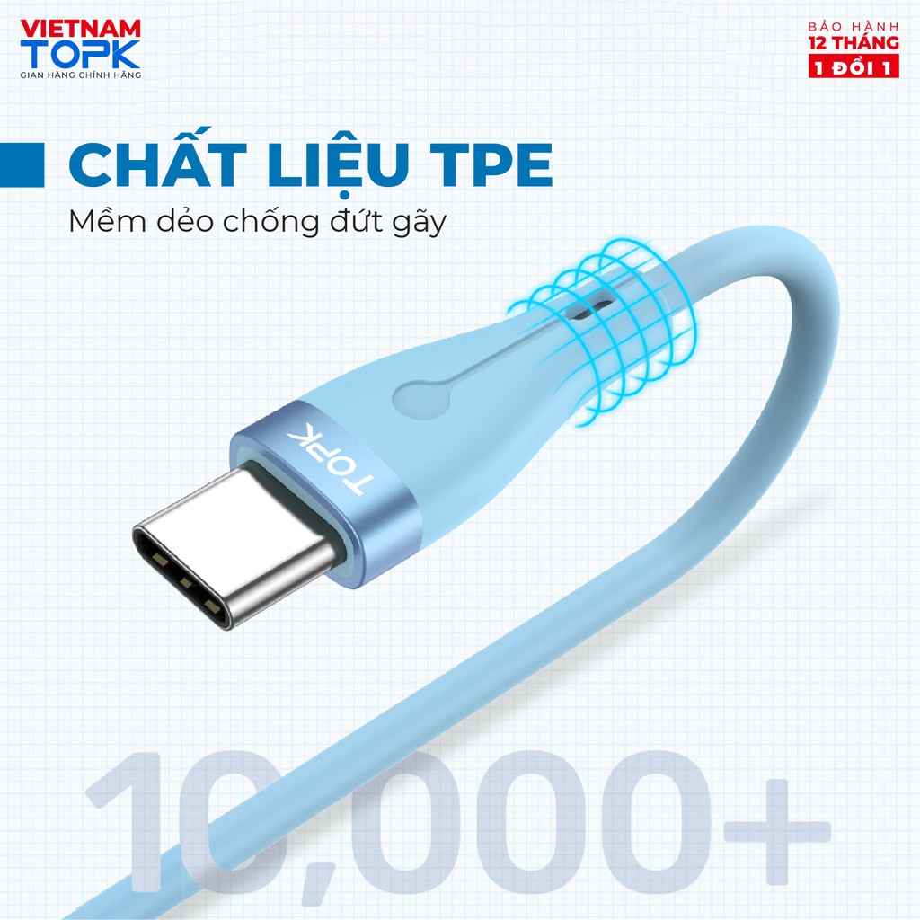 Dây cáp sạc TOPK AN46 dùng cho điện thoại  Vỏ TPE silicon dẻo chống đứt gãy - Hàng chính hãng Bảo hành 12 tháng 1 đổi 1