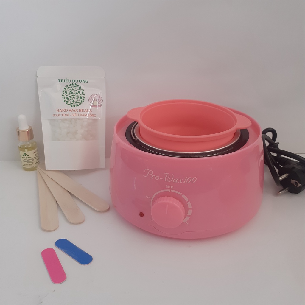set wax lông đầy đủ:1 nồi prowax 100 + 1 gói sáp mini 50g hương thơm  + 1 chén chống dính + 1 mỡ trăn 10ml +1 phấn 100gr