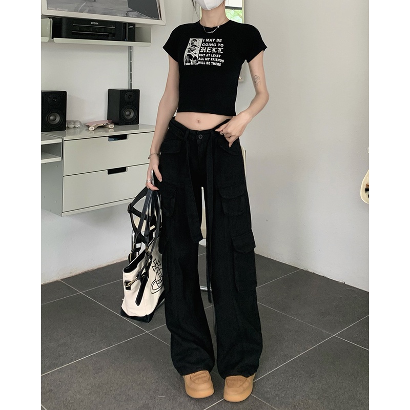 QADCOL Quần Jean Lưng Thấp Ống Rộng Phối Túi Cá Tính Theo Phong Cách 2022