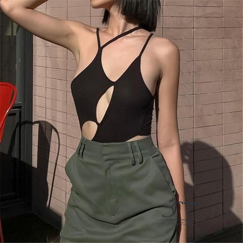 NFW- Đồ liền thân hai dây hở lưng màu trơn có gân không đều cho nữ
