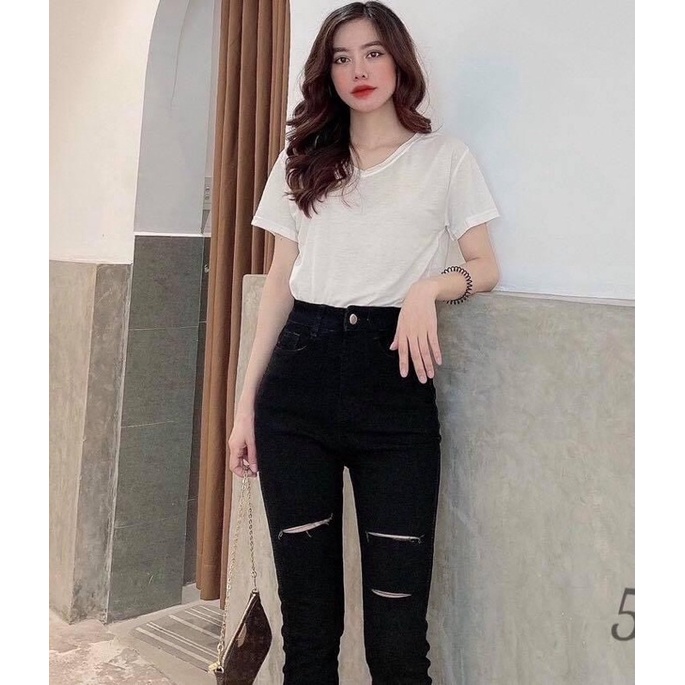 Quần jeans đen ôm có dãn cạp siêu cao rách 3 giá rẻ- freeship