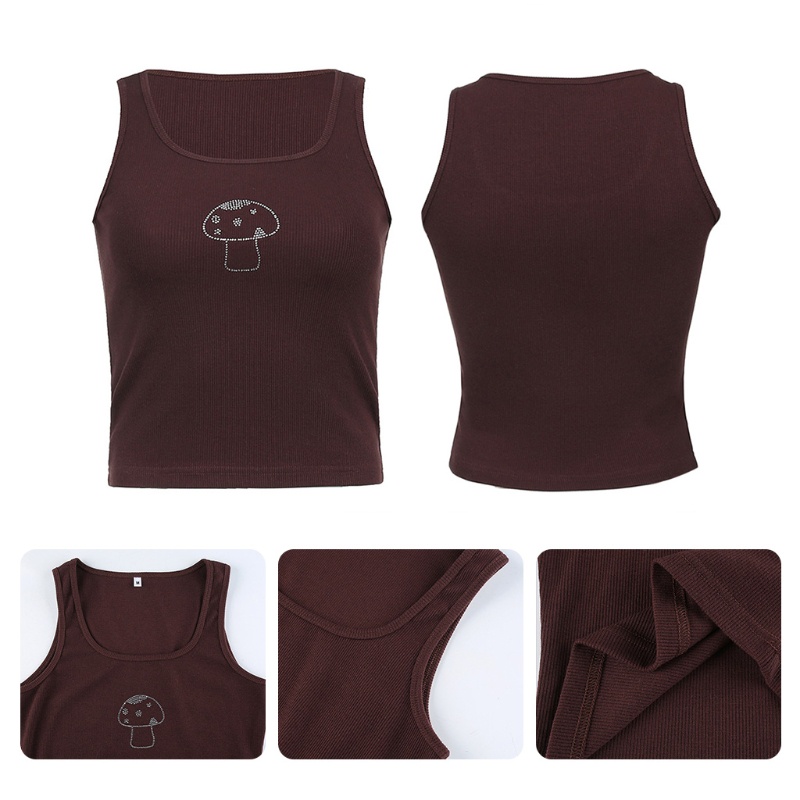 Mary Áo Croptop Dệt Kim Không Tay Cổ Chữ U Đính Đá Hình Nấm Gợi Cảm Cho Nữ