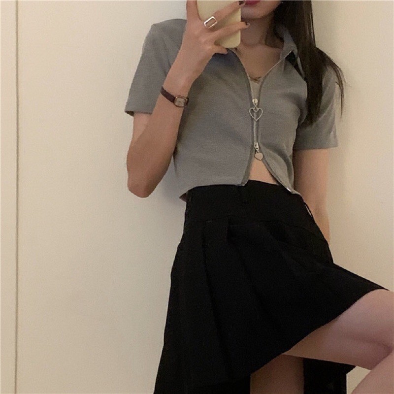 [HÀNG ORDER] Áo polo croptop phối dây kéo trái tim tay ngắn