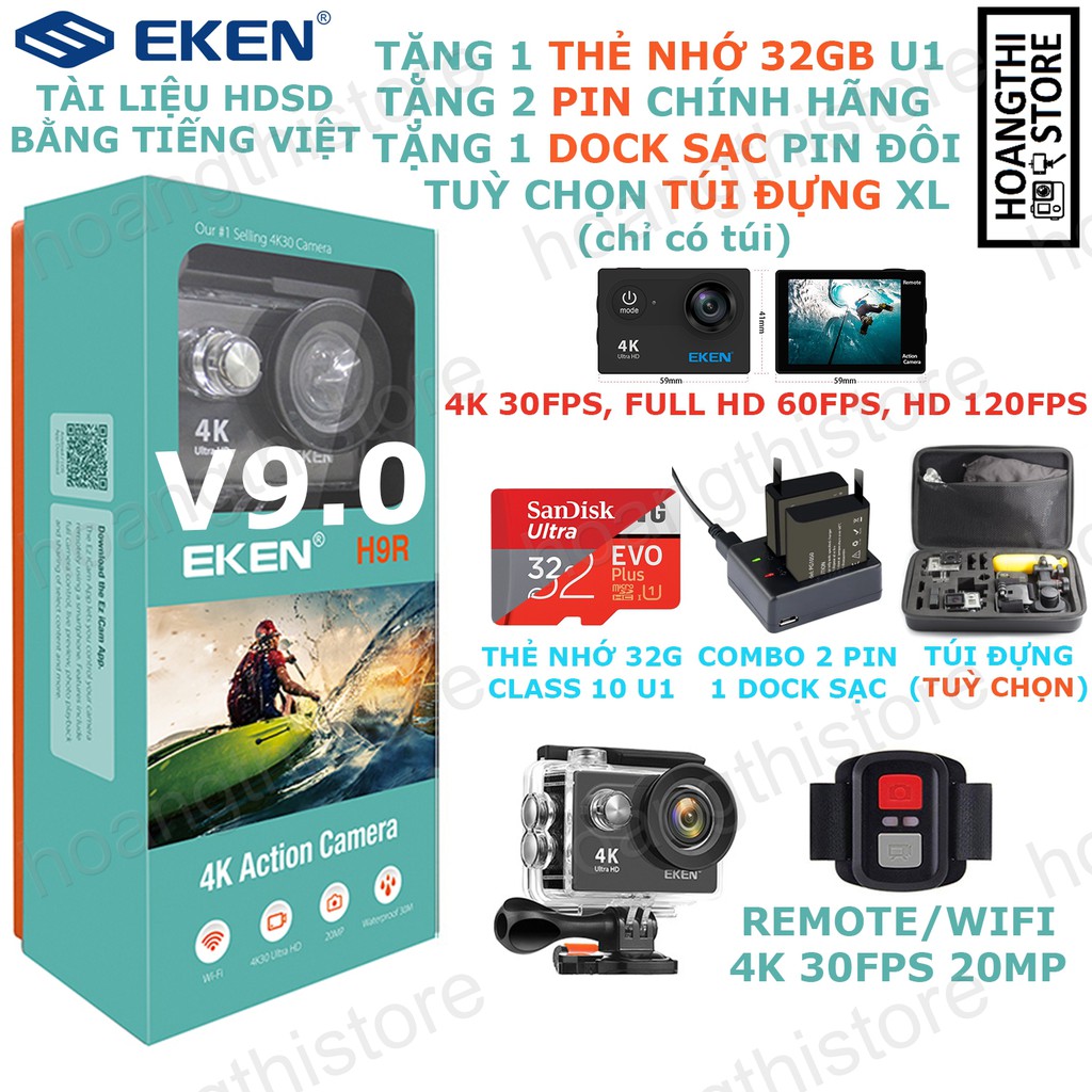 ✔️ Camera Eken h9r bản V9 20MP tặng Thẻ nhớ 32GB combo Pin Sạc Hành trình động thể thao phượt H9R V9.1 v8 v7 Chính hãng