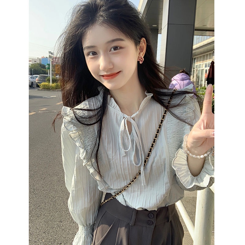 Áo Sơ Mi Kiểu Pháp Cổ Điển Phối Bèo Thiết Kế Đơn Giản Thời Trang Công Sở Cho Nữ