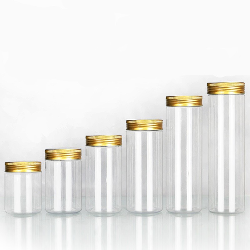 Multi-function PET Plastic Transparent Storage Cans/ Honey Tea Multigrain Food Jar with Gold Lid/ Kitchen Organize Container