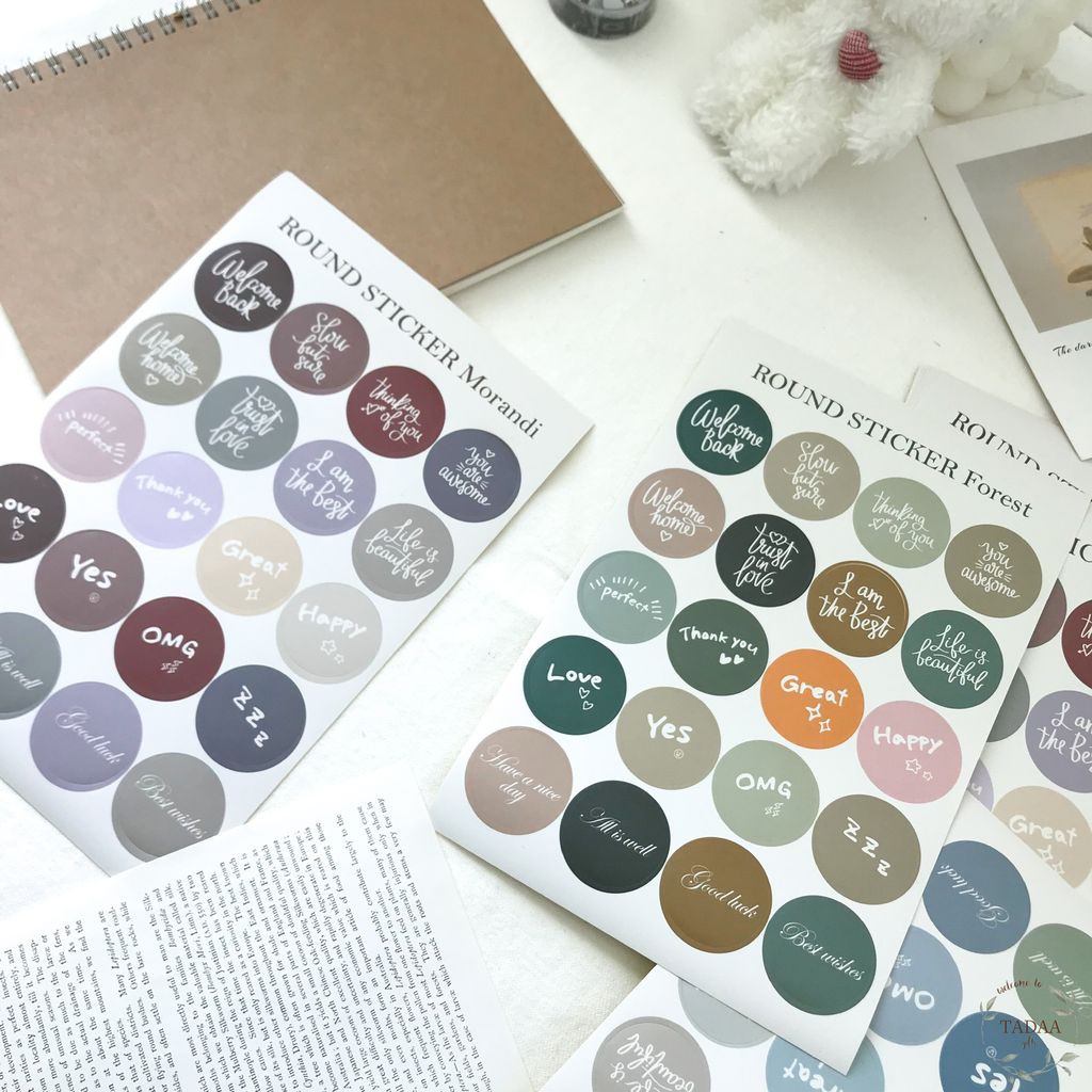 Sticker tròn in chữ viết phong cách Calligraphy, nhãn dán nhiều màu sắc pastel dễ thương trang trí thiệp, sổ tay