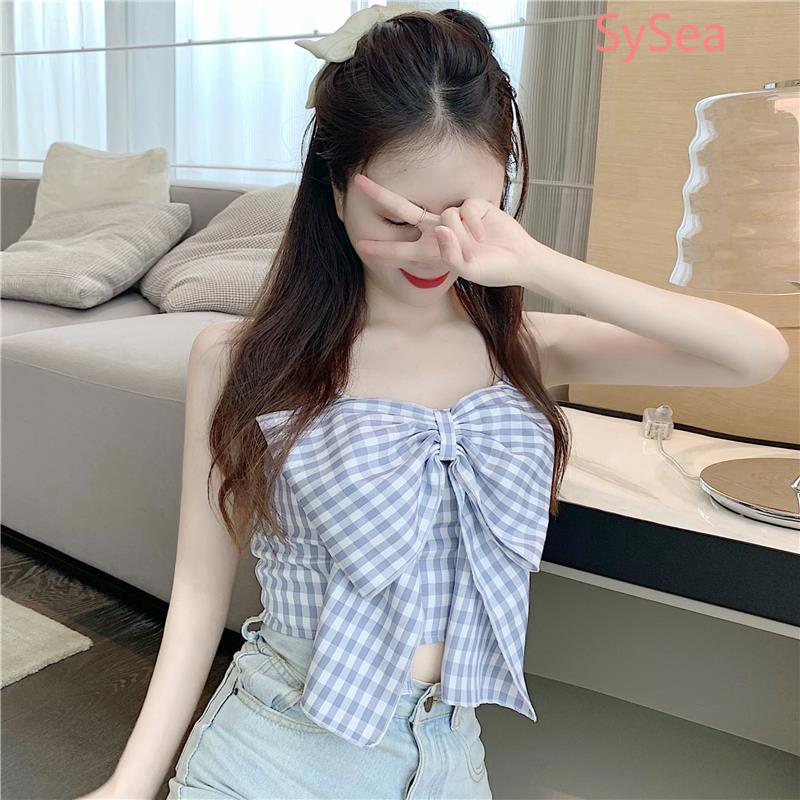 Áo Croptop Hai Dây Thắt Nơ Kẻ Sọc Caro Xinh Xắn Cho Nữ