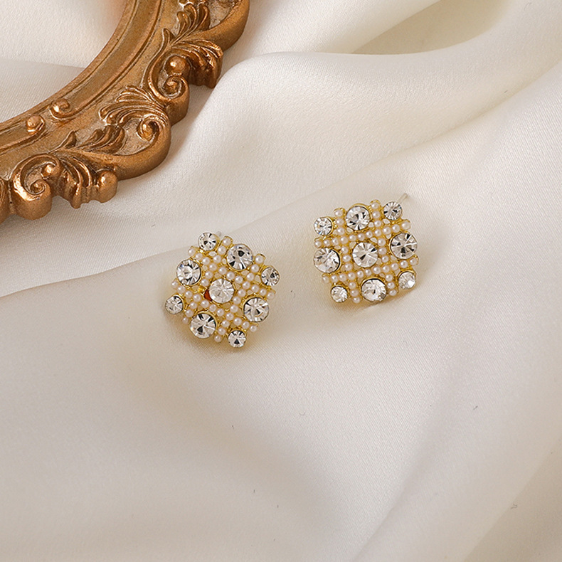 XiaoboACC 925 Silver Needle Korean Fashion Rhinestone Pearl Square Earrings