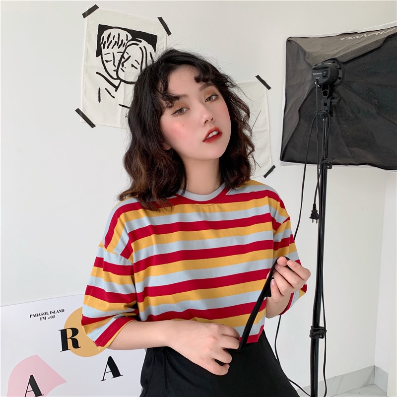 FREESHIP ĐƠN 99K_ Stripe T-shirt Korean Ulzzang Loose Casual Tee Short Sleeve Retro Tops Women