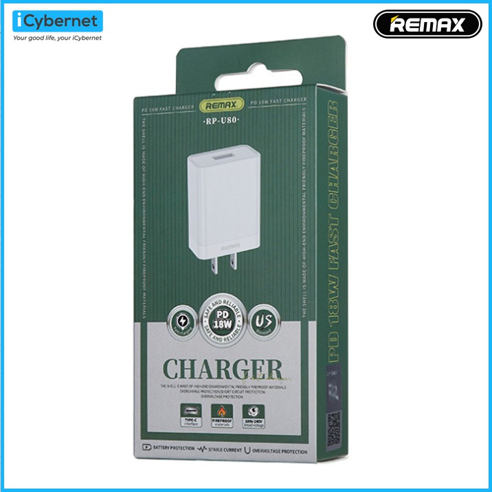[Hàng chính hãng] Củ sạc nhanh chuẩn PD 18W Remax RP-U80