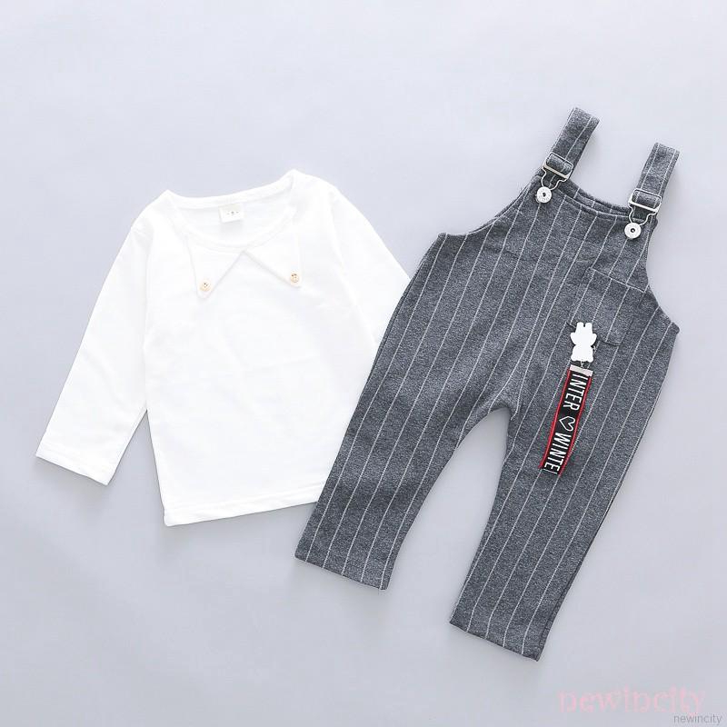 Set áo thun dài tay + Quần yếm phong cách Hàn Quốc dễ thương cho bé