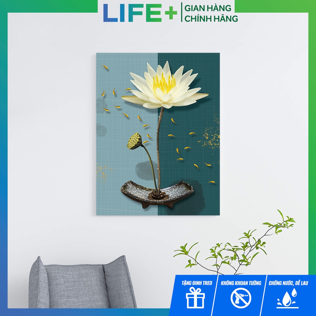 Tranh decor treo tường phòng ngủ, phòng khách chủ đề hoa sen bằng vải canvas cao cấp (Tặng kèm đi 3 chân)