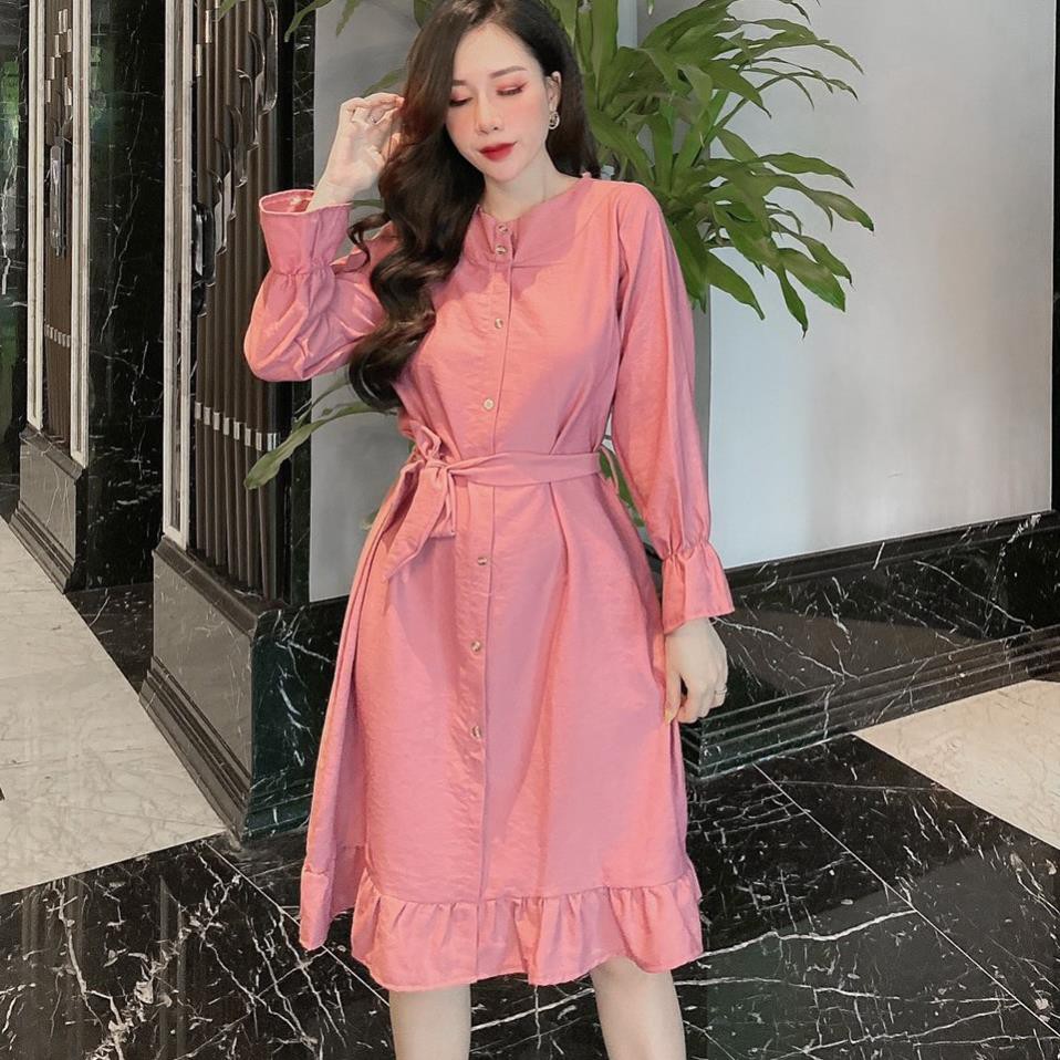 váy dáng suông dài tay cổ tròn đuôi cá thắt nơ chất tăm nhung ་ '