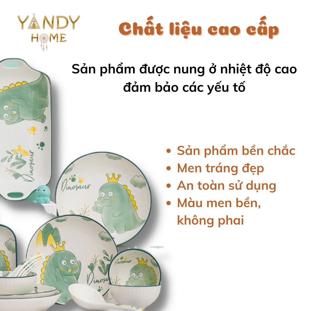 [Chọn lẻ] Bộ chén dĩa bát đĩa gốm sứ YANDY HOME BB04 họa tiết khủng long men đẹp bóng