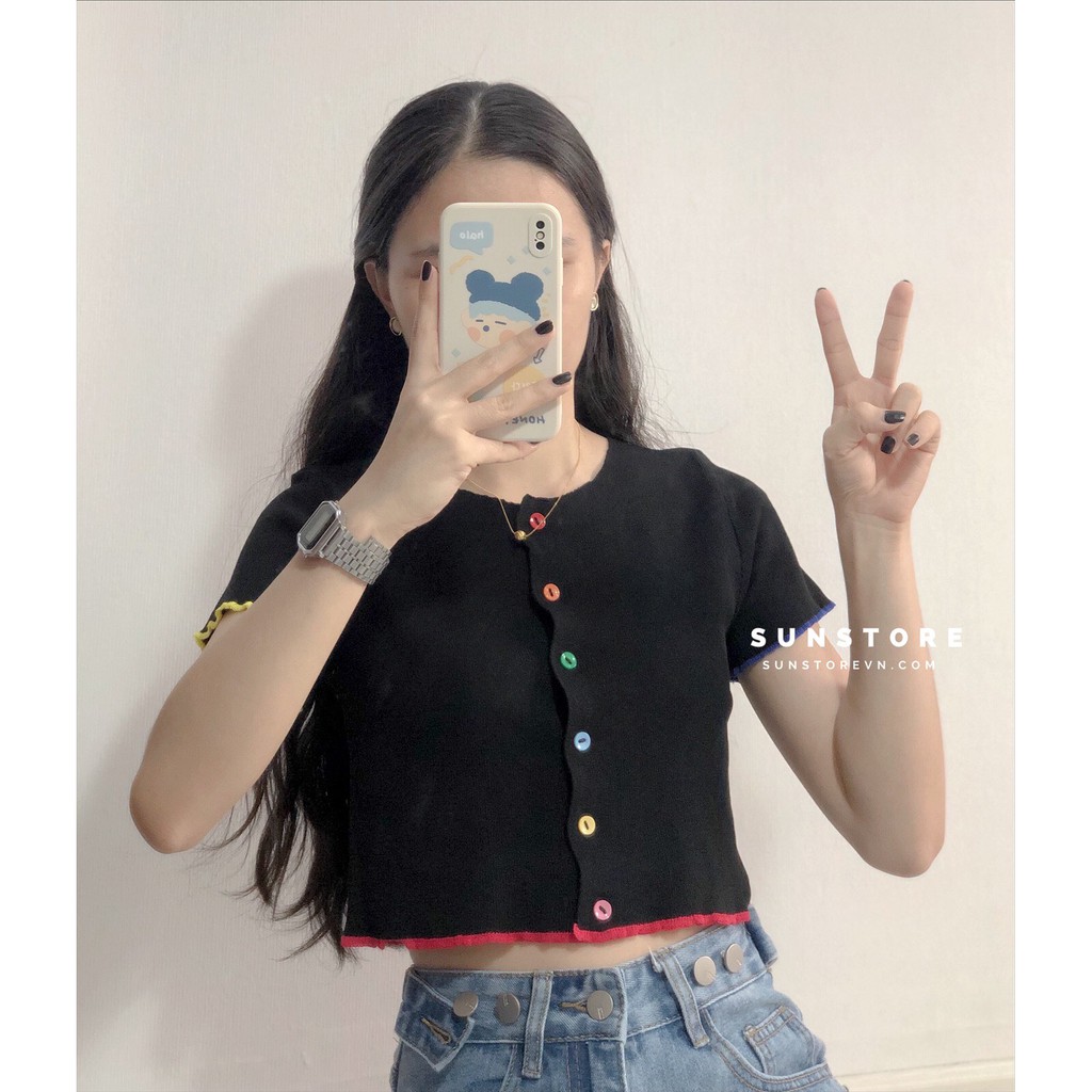 Áo croptop ôm len dệt kim tay ngắn viền màu sắc 2 màu Ulzzang