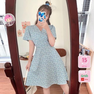 Váy hoa nhí vintage xanh lá thắt nơ eo tiểu thư xixeoshop - V12