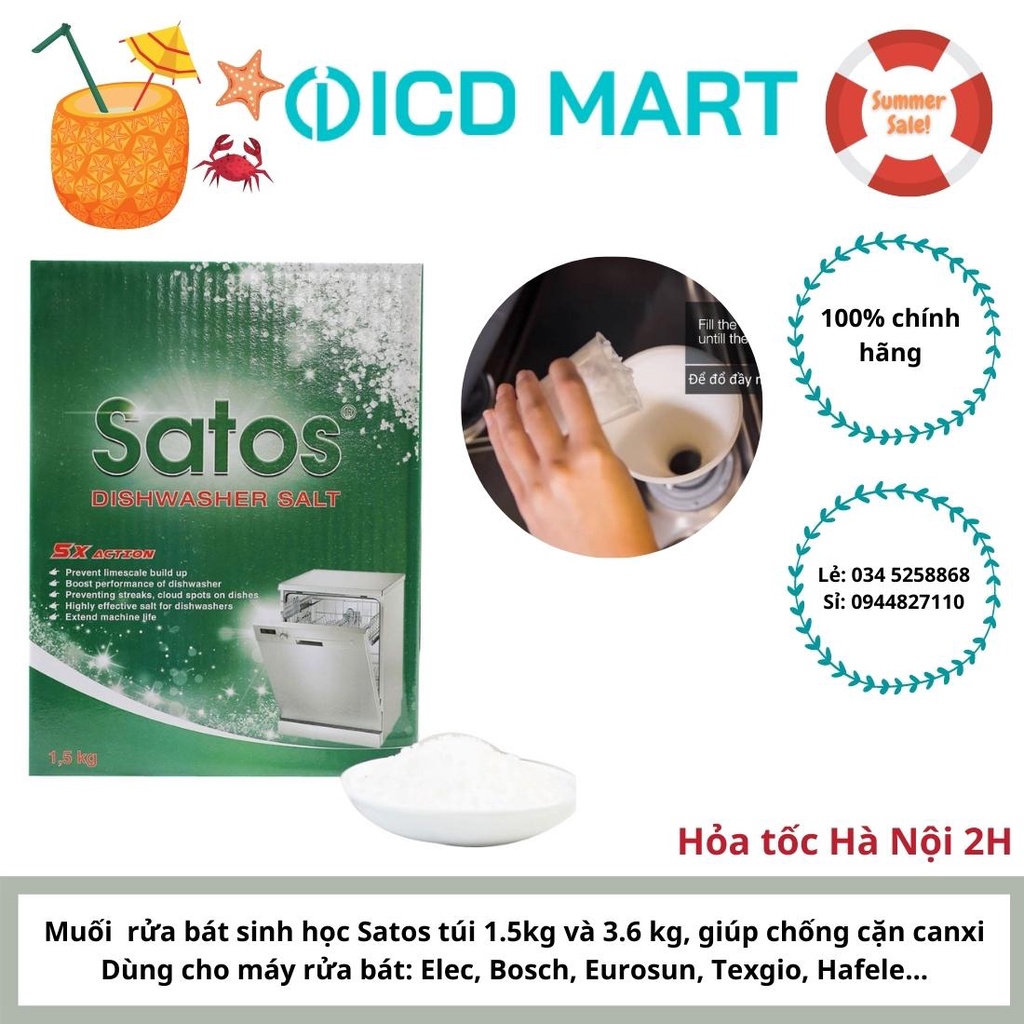 Muối rửa bát Satos 1.5kg dành cho máy rửa bát, với độ tinh khiết 99.4%, đạt tiêu chuẩn hạng A của Thổ Nhĩ Kỳ