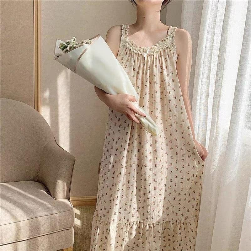 Váy ngủ hai dây hoa nhí xinh xắn chất đũi thô(sỉ từ 5sp bất kì)