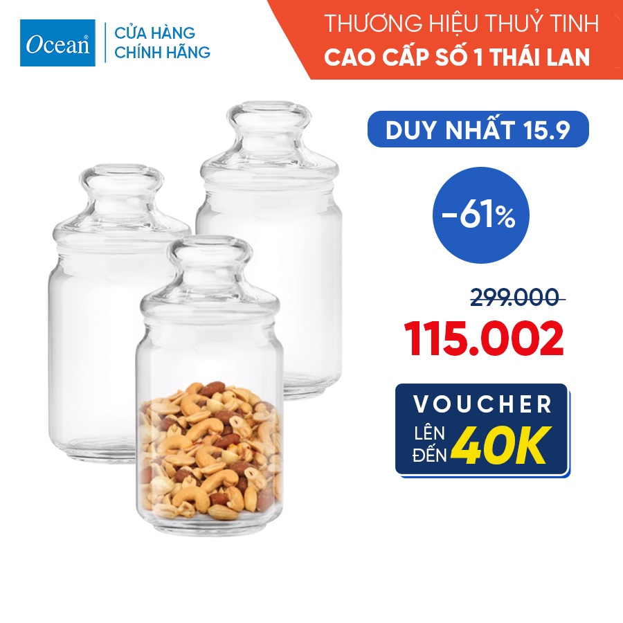 Bộ 3 Hũ Thủy Tinh Nắp Kính - Ocean Pop Jar 650ml - Chính Hãng
