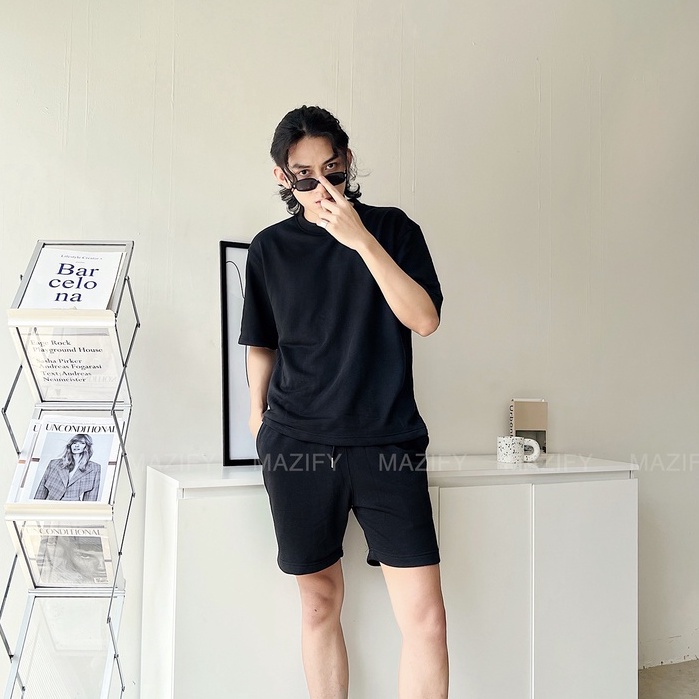 Set bộ áo thun tay ngắn, cổ tròn và quần short lửng chất thun co giãn phong cách thời trang basic ST01 – Mazify