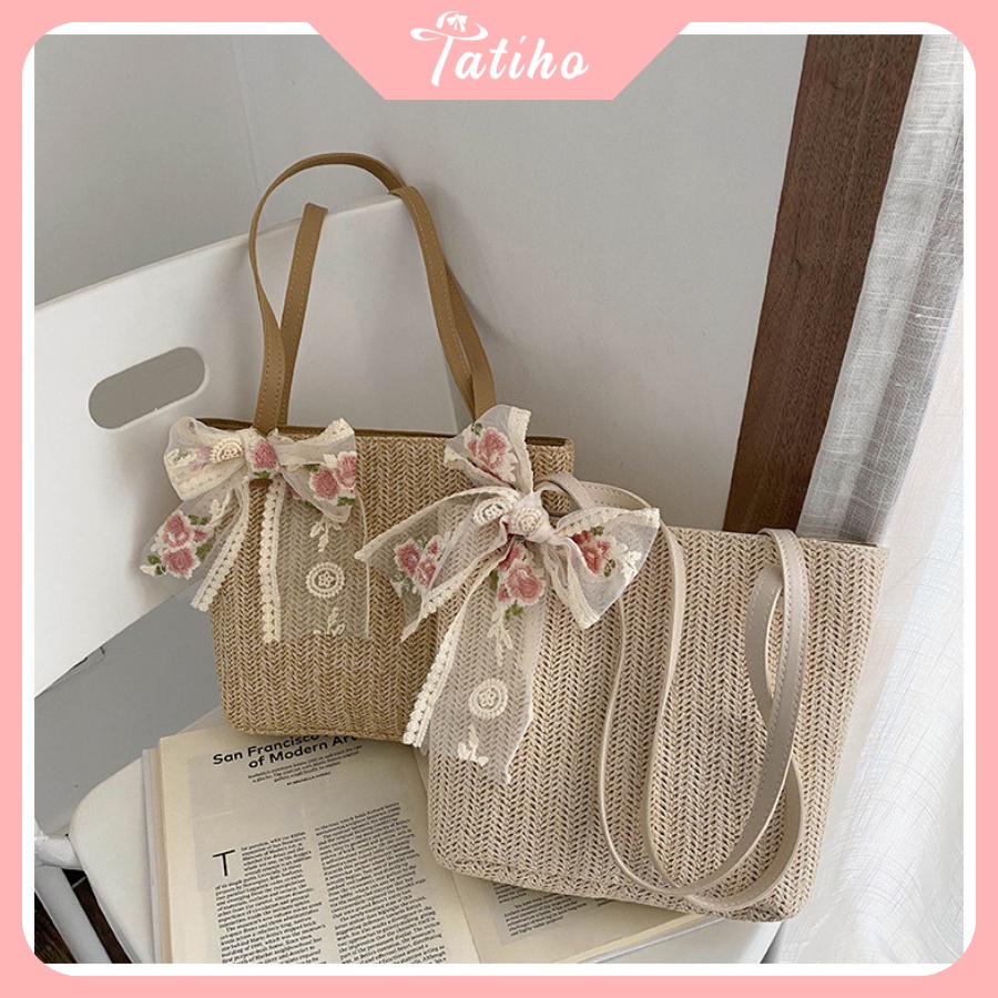 [HÀNG XỊN, GIÁ TỐT] Túi Xách Vintage ( Túi Cối Đi Biển ) Phong Cách Thời Trang Năng Động &amp; Phối Nơ Ren - Mã TUI48